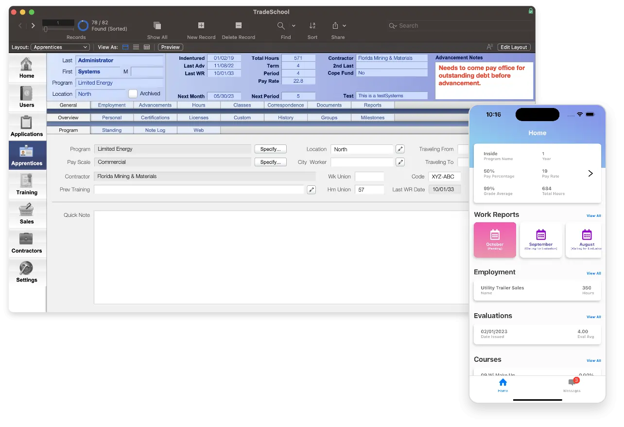 TradeSchool desktop application and mobile app screenshots